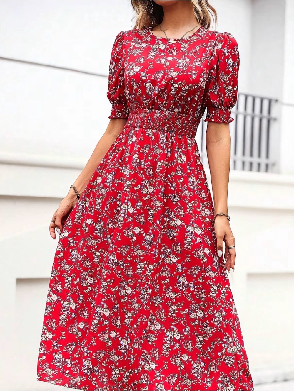 Red Floral Smocked Midi Dress - Women - Picture 1 of 6